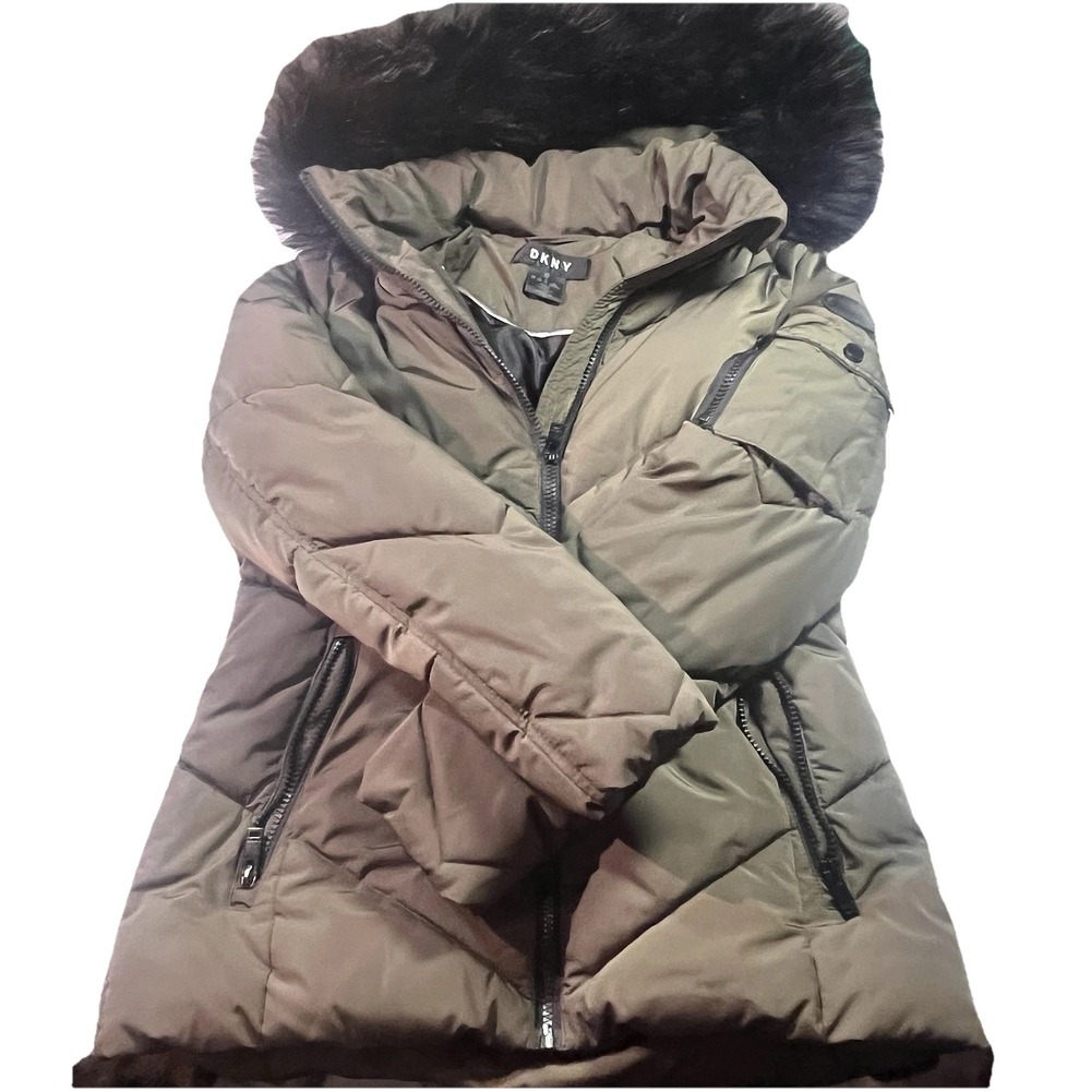 Women's DKNY Quilted Puffer Jacket with‎ Removable Faux Fur Hood Olive EUC